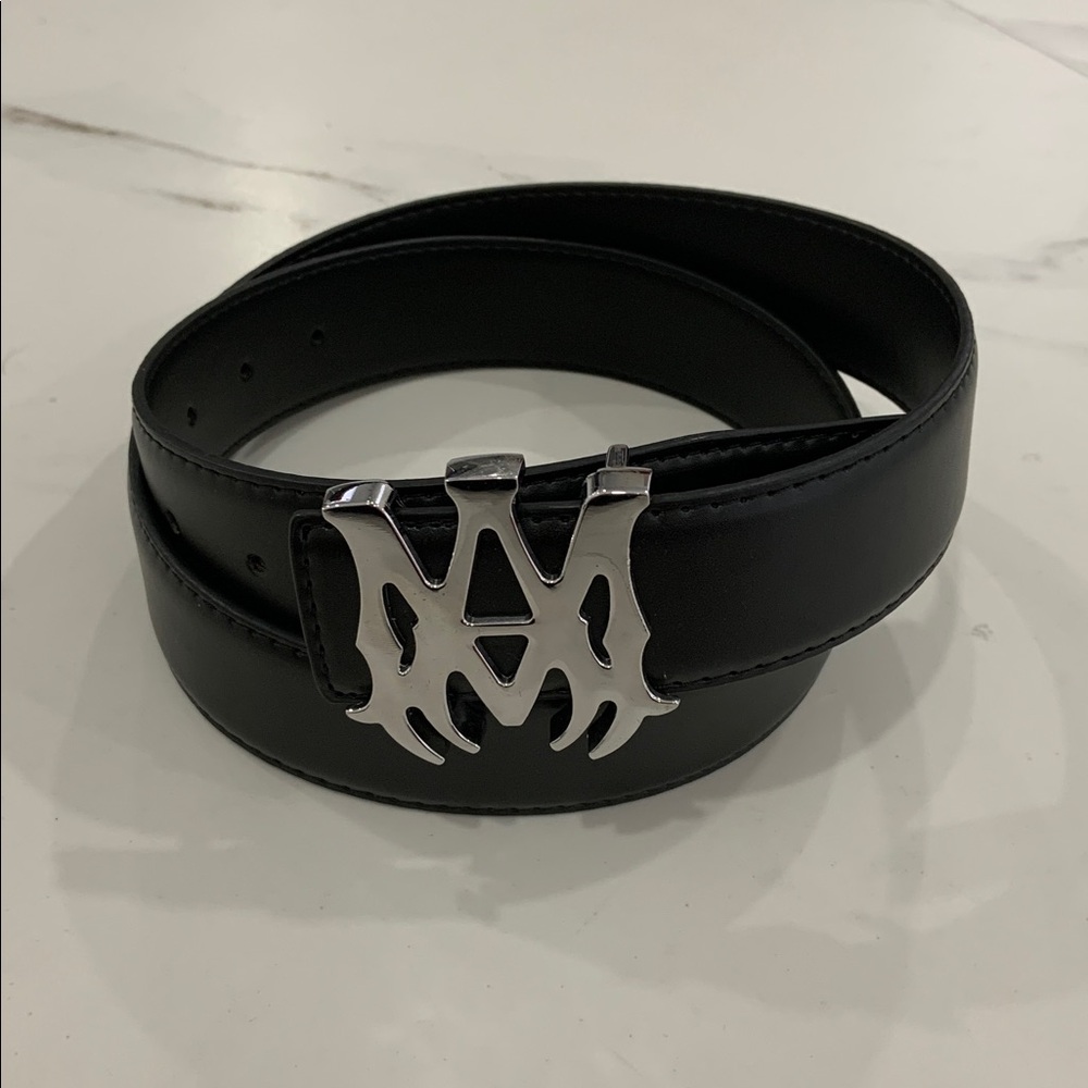 AMIRI Faux Black Leather Belt Silver MA Belt Buckle for Men